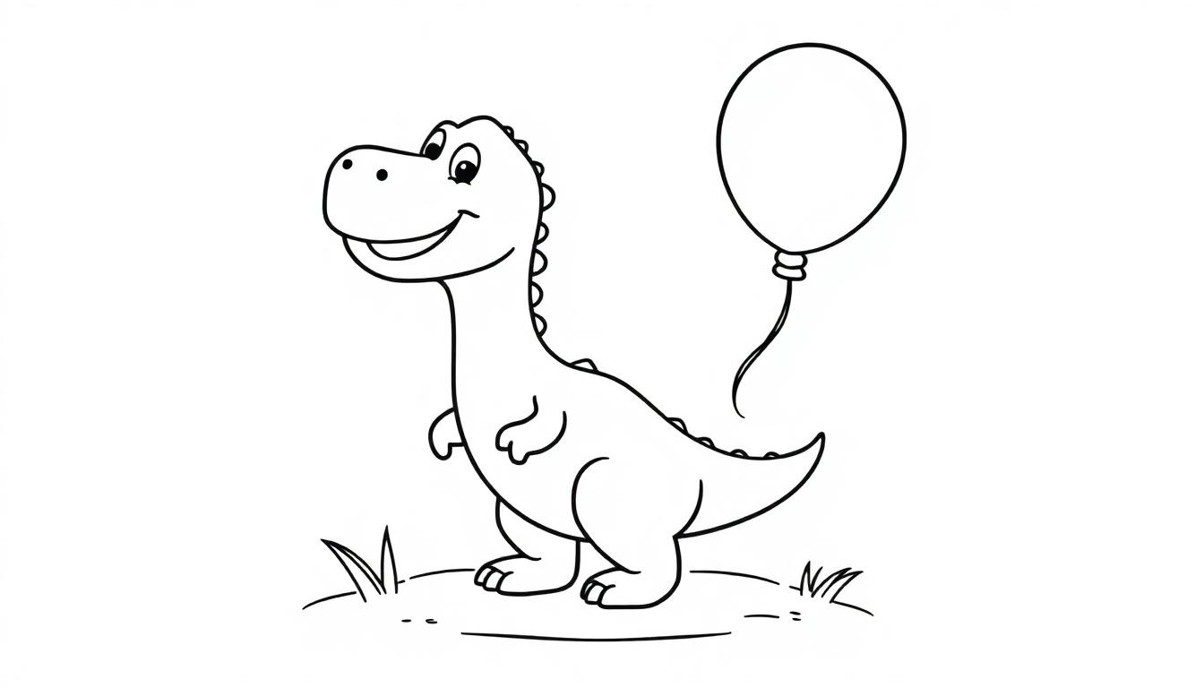 Farbtafel: Ein freundlicher Cartoon-Dinosaurier hält einen Ballon.