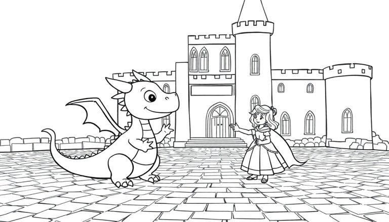 Schwarz-weiße Farbtafel-Zeichnung eines freundlichen Drachen und einer Prinzessin vor einem Schloss zum Ausmalen.