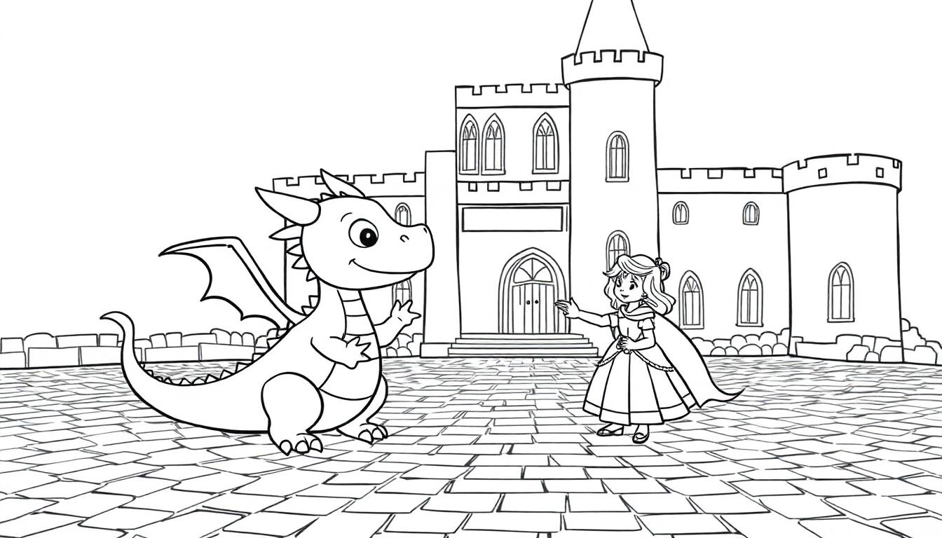 Schwarz-weiße Farbtafel-Zeichnung eines freundlichen Drachen und einer Prinzessin vor einem Schloss zum Ausmalen.