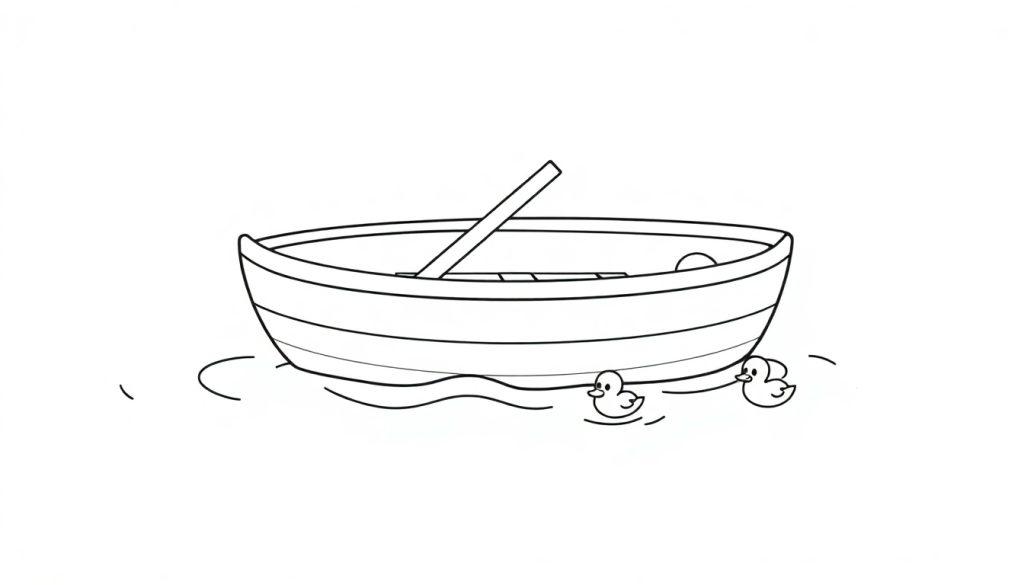 Schwarz-Weiß-Farbtafel eines einfachen Ruderboots mit zwei Küken, die daneben schwimmen.