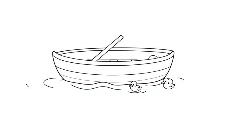 Schwarz-Weiß-Farbtafel eines einfachen Ruderboots mit zwei Küken, die daneben schwimmen.