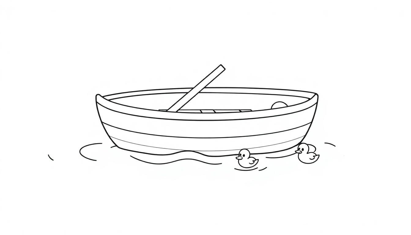 Schwarz-Weiß-Farbtafel eines einfachen Ruderboots mit zwei Küken, die daneben schwimmen.
