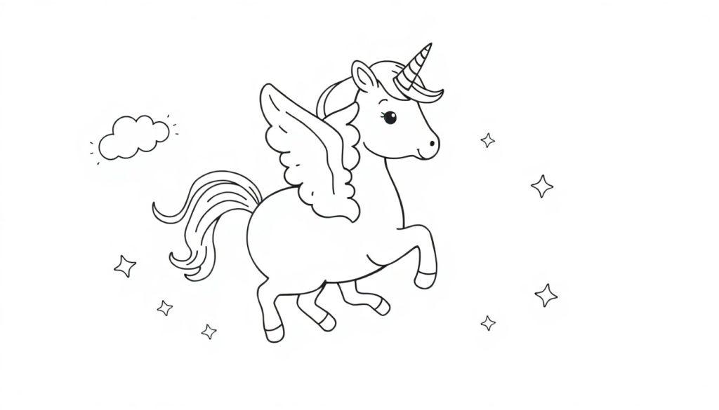Farbtafel: Ein geflügeltes Einhorn im skurrilen Himmel.