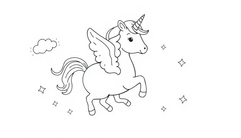 Farbtafel: Ein geflügeltes Einhorn im skurrilen Himmel.