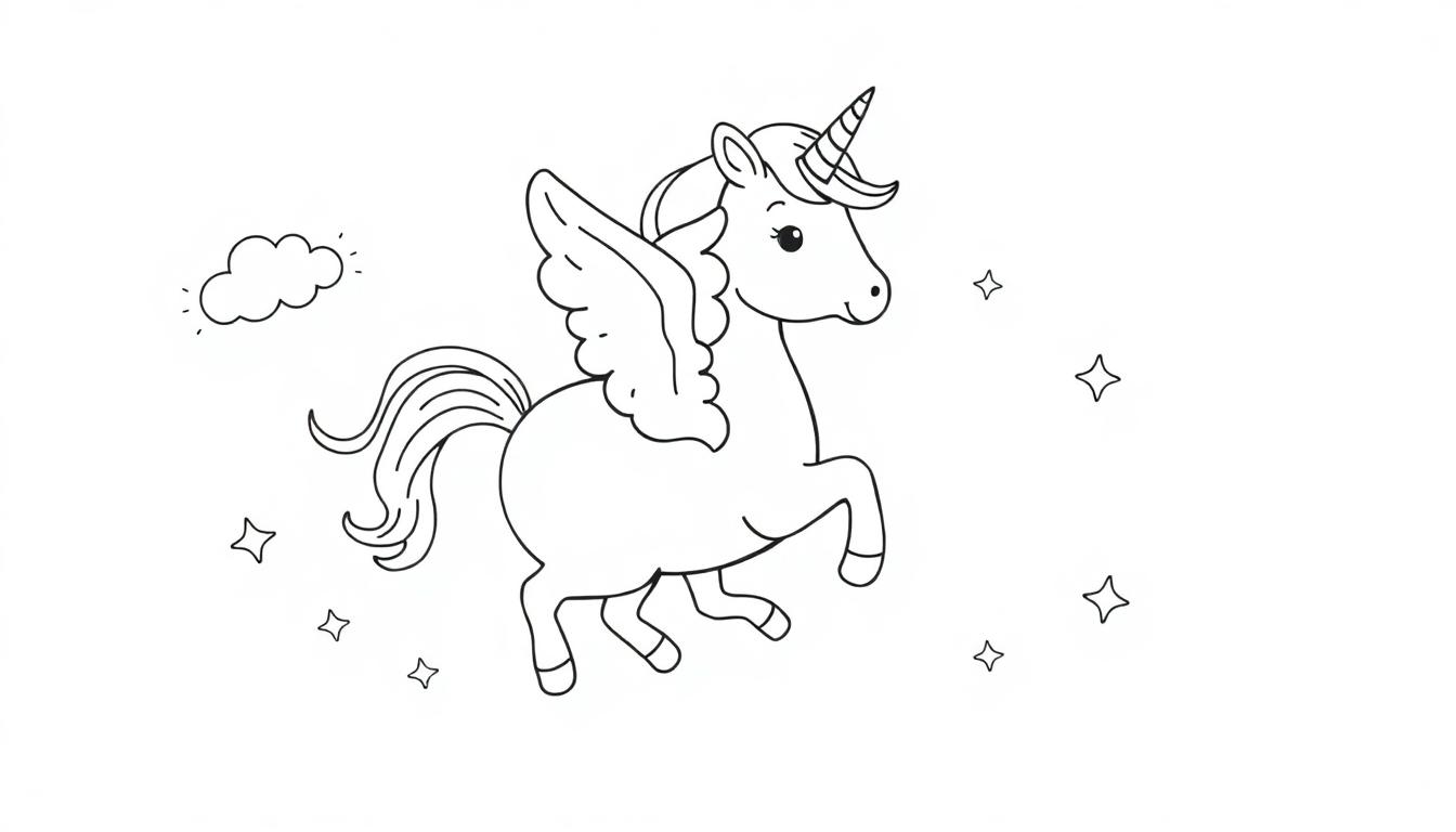 Farbtafel: Ein geflügeltes Einhorn im skurrilen Himmel.