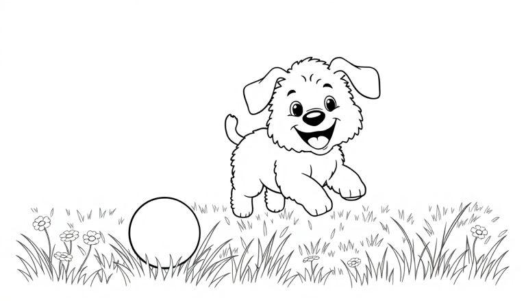 Schwarz-weiße Farbtafel eines fröhlichen Hundes, der im Freien einem Ball nachjagt.