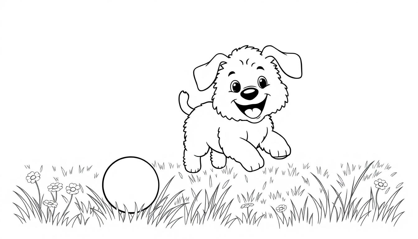 Schwarz-weiße Farbtafel eines fröhlichen Hundes, der im Freien einem Ball nachjagt.