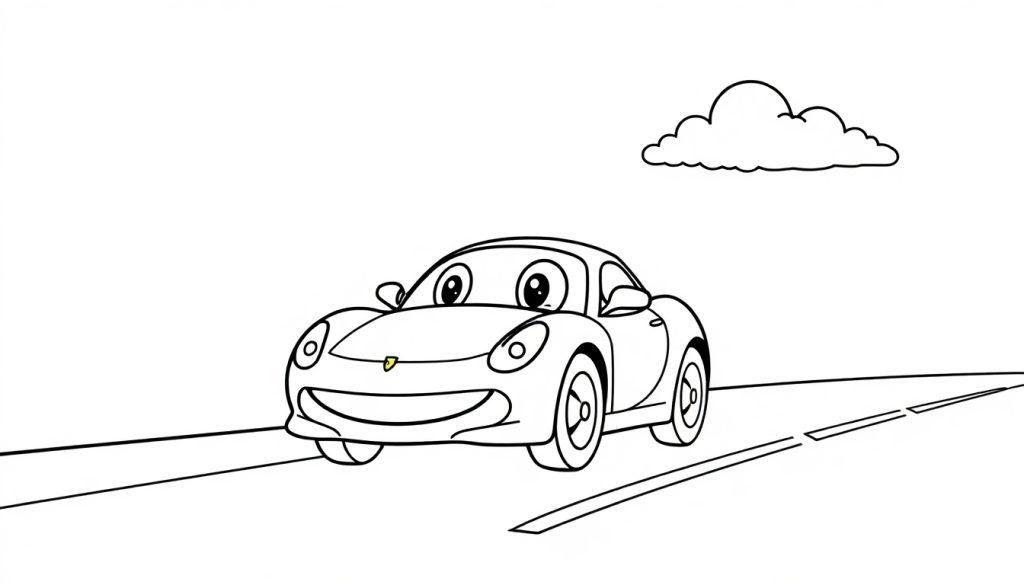 Eine Farbtafel: Ein freundliches Cartoon-Auto fährt auf einer zweispurigen Straße, mit einer flauschigen Wolke am Himmel.