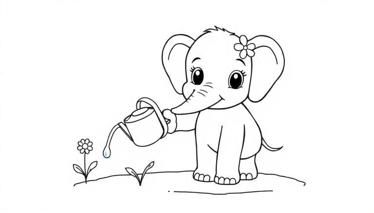 Eine niedliche Cartoon-Farbtafel eines Babyelefanten, der Blumen gießt.