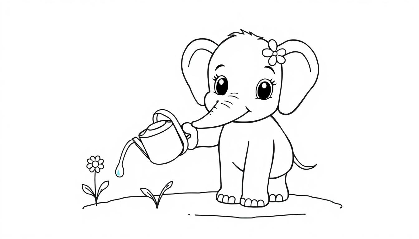 Eine niedliche Cartoon-Farbtafel eines Babyelefanten, der Blumen gießt.