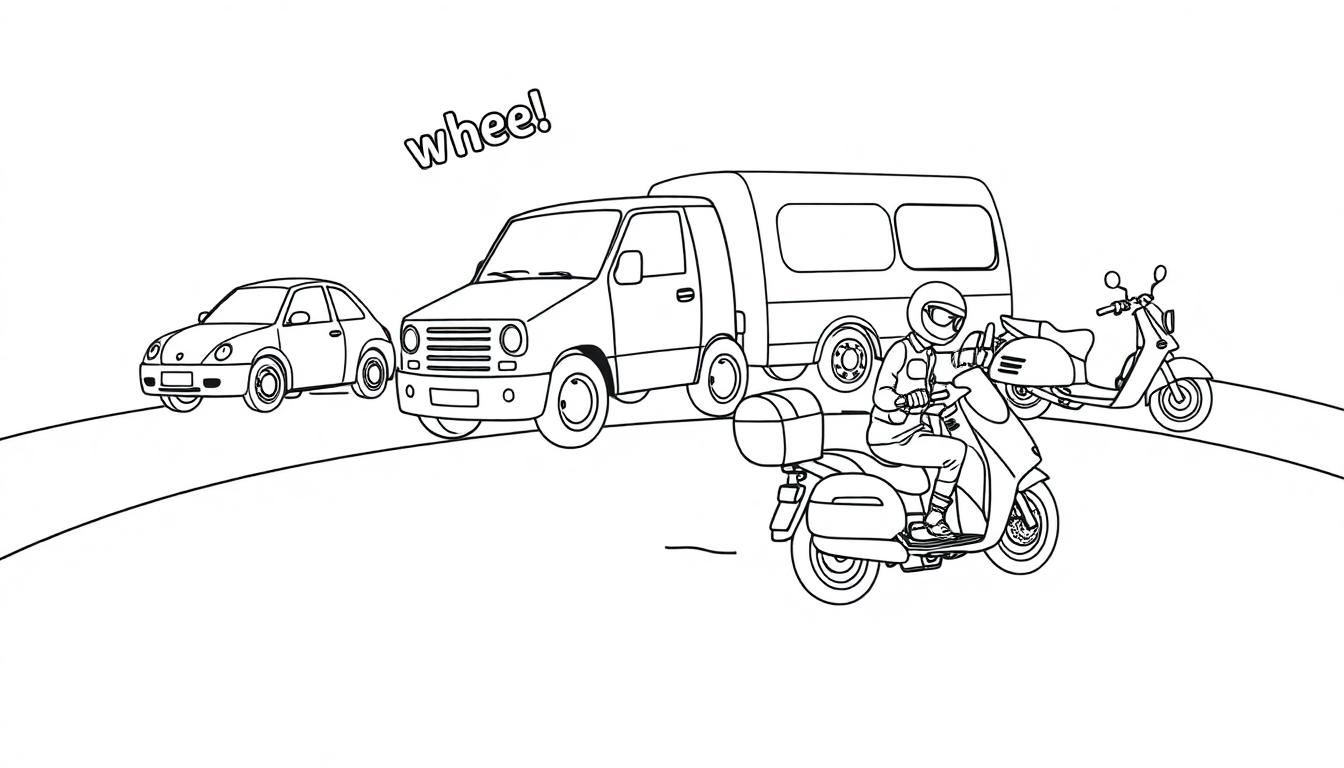 Schwarz-weiße Cartoon-Farbtafel mit Autos und Motorrädern auf einer Straße.