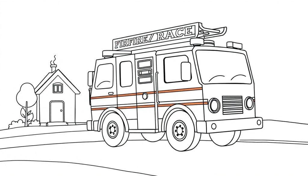 Schwarz-Weiß-Farbtafel eines Feuerwehrautos mit der Aufschrift „FIRFIRE/RACE“ auf dem Dach, das vor einem kleinen Haus mit einem rauchenden Schornstein und einem Baum steht.