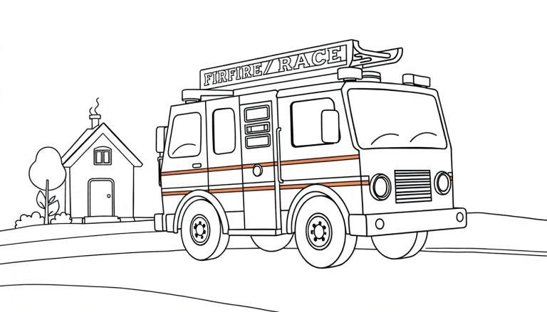 Schwarz-Weiß-Farbtafel eines Feuerwehrautos mit der Aufschrift „FIRFIRE/RACE“ auf dem Dach, das vor einem kleinen Haus mit einem rauchenden Schornstein und einem Baum steht.