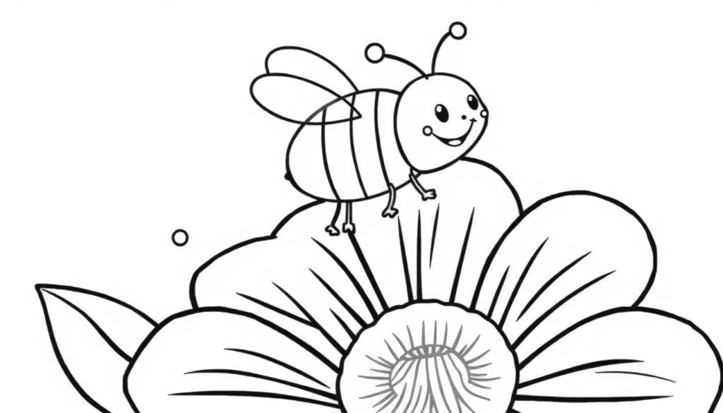 Eine freundliche Biene sitzt auf einer Blume, bereit für die Farbtafel.