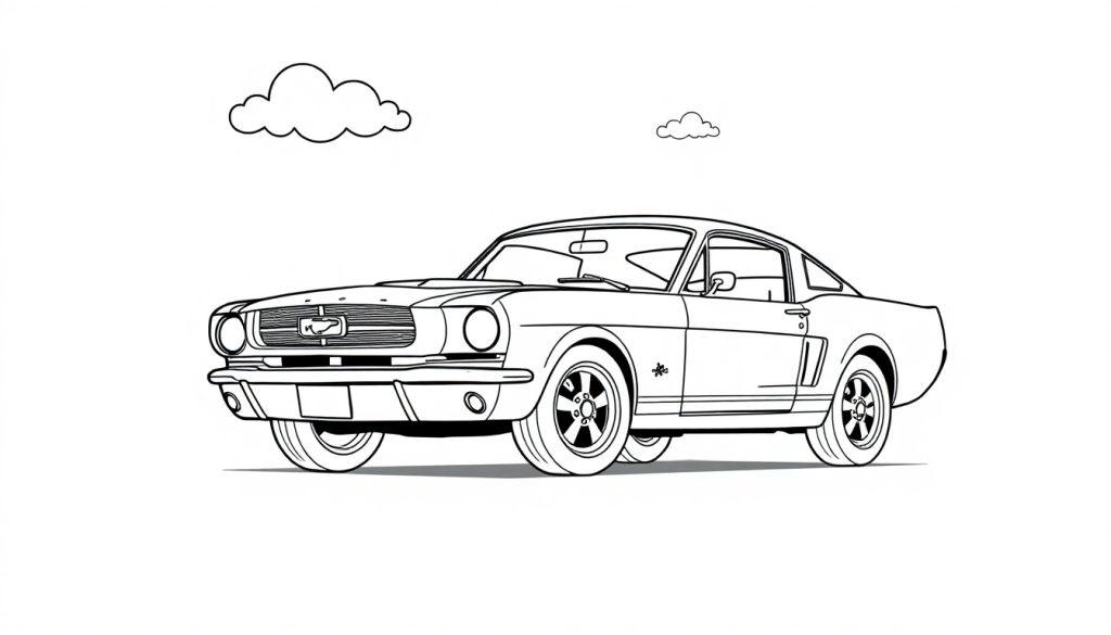 Schwarz-Weiß-Farbtafel eines Ford Mustang von 1966 zum Ausmalen.