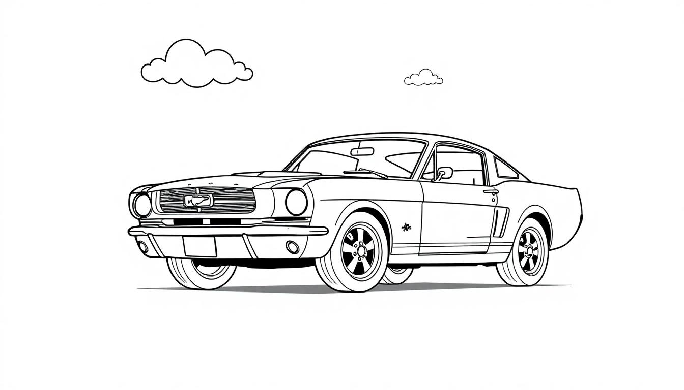 Schwarz-Weiß-Farbtafel eines Ford Mustang von 1966 zum Ausmalen.