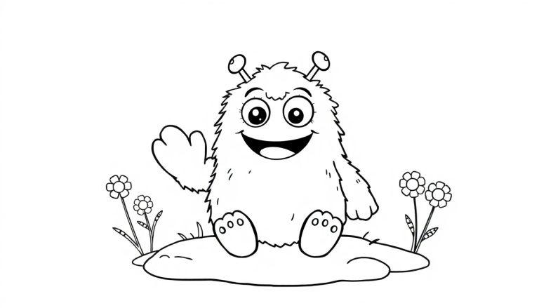 Eine lustige Farbtafel von einem freundlichen, pelzigen Monster, das auf einem Hügel winkt.
