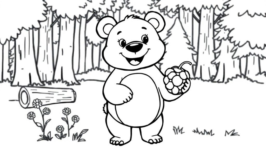 Schwarz-weiße Farbtafel eines freundlichen Bären im Wald, der Beeren hält.
