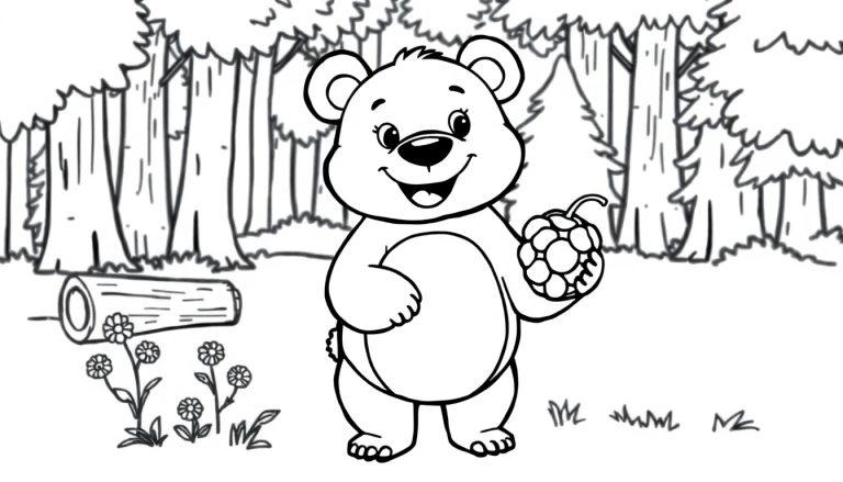 Schwarz-weiße Farbtafel eines freundlichen Bären im Wald, der Beeren hält.