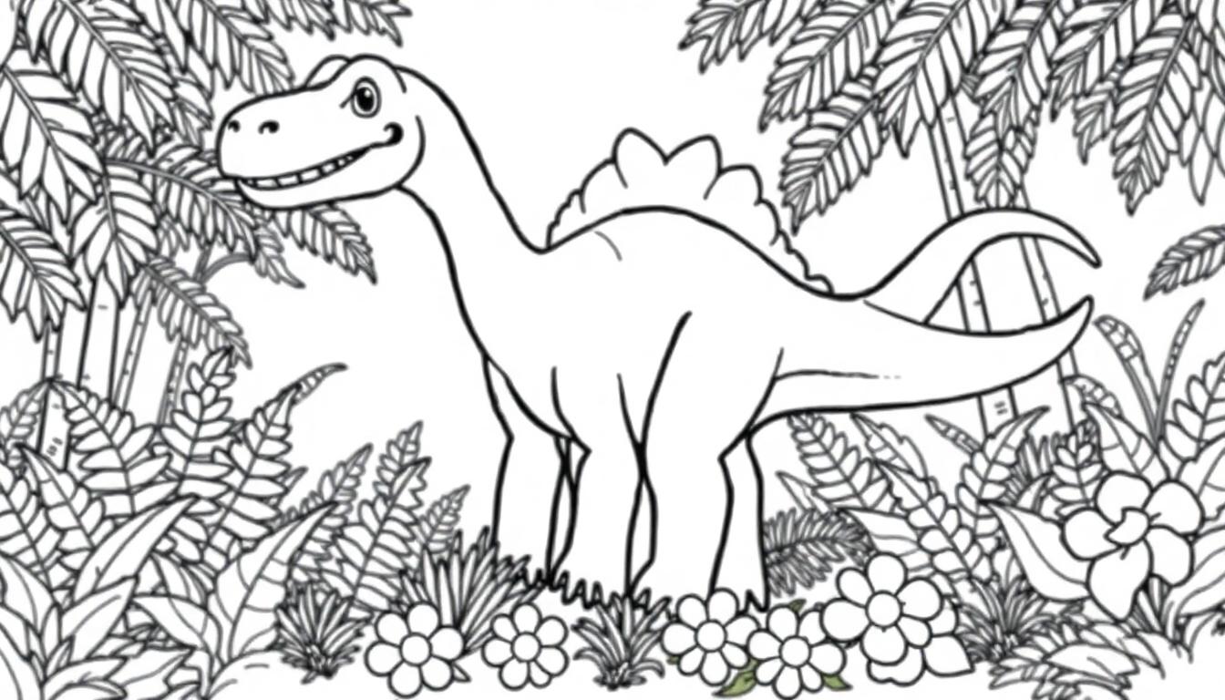 Farbtafel: Ein freundlicher Diplodocus im Urwald zum Ausmalen.