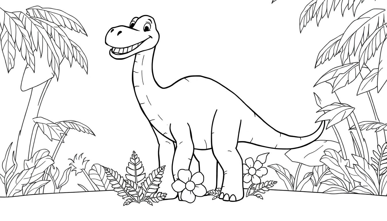 Schwarz-weiße Cartoon-Farbtafel eines lächelnden Diplodocus in einer tropischen Dschungelkulisse mit Palmen und Blumen.