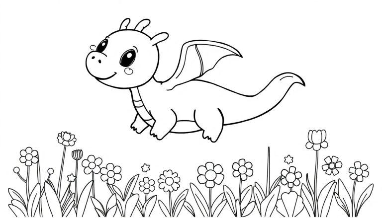 Schwarz-weiße Farbtafel: Ein niedlicher Cartoon-Drache schwebt über einer Blumenwiese.