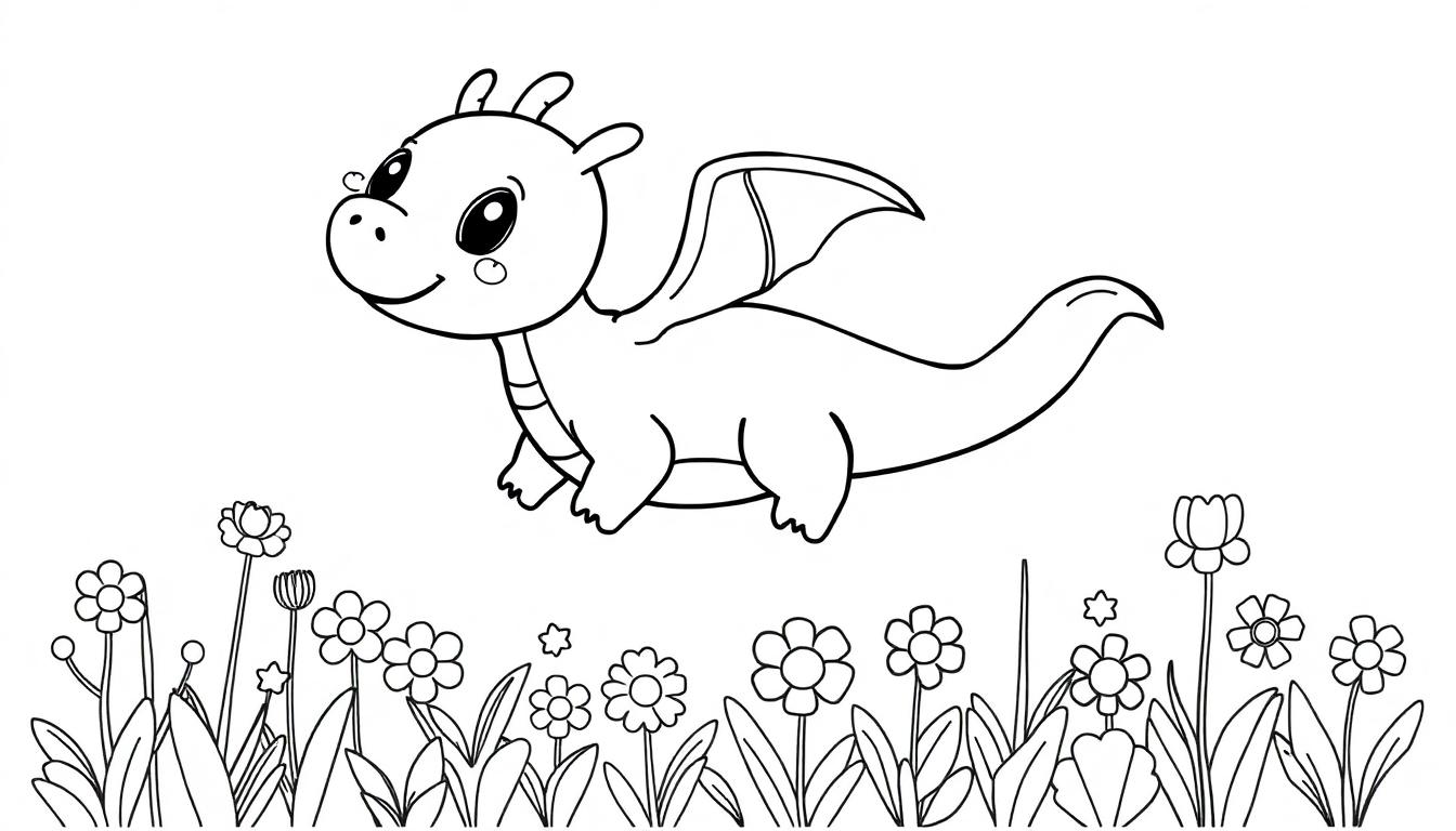 Schwarz-weiße Farbtafel: Ein niedlicher Cartoon-Drache schwebt über einer Blumenwiese.