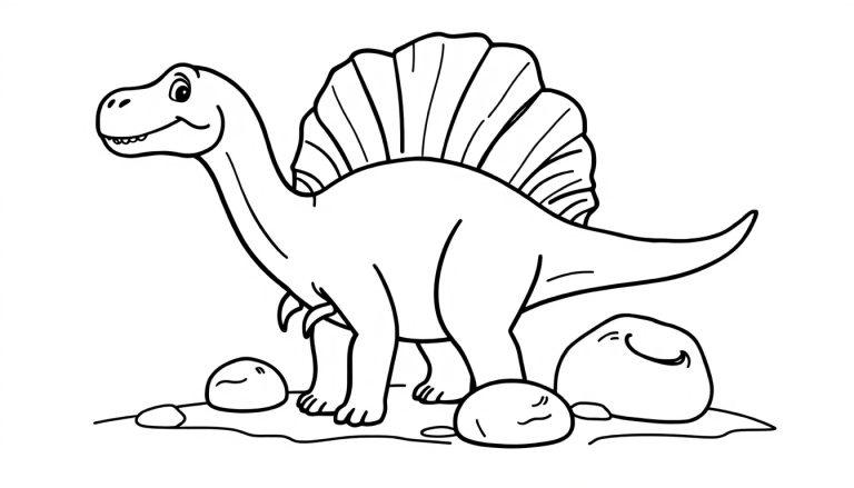 Schwarz-weiße Farbtafel eines freundlichen Dinosauriers mit großem Rückensegel, bereit zum Ausmalen.