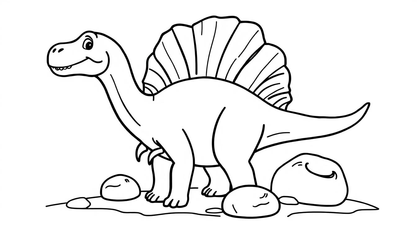 Schwarz-weiße Farbtafel eines freundlichen Dinosauriers mit großem Rückensegel, bereit zum Ausmalen.
