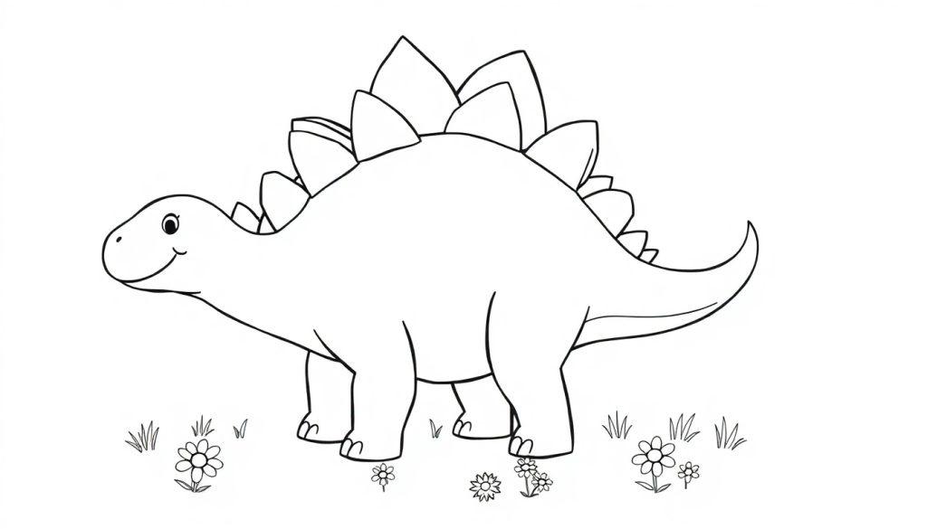 Eine Schwarz-Weiß-Farbtafel-Zeichnung eines lächelnden Stegosaurus mit großen Rückenplatten und einem spitzen Schwanz, umgeben von Blumen und Gras.