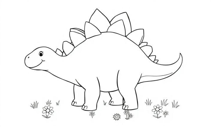 Eine Schwarz-Weiß-Farbtafel-Zeichnung eines lächelnden Stegosaurus mit großen Rückenplatten und einem spitzen Schwanz, umgeben von Blumen und Gras.