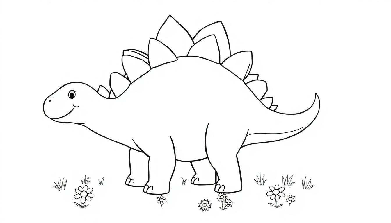 Eine Schwarz-Weiß-Farbtafel-Zeichnung eines lächelnden Stegosaurus mit großen Rückenplatten und einem spitzen Schwanz, umgeben von Blumen und Gras.