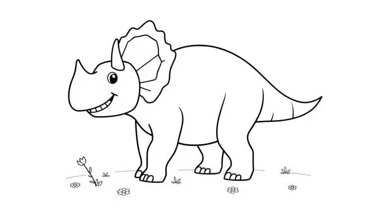 Eine Schwarz-Weiß-Farbtafel eines niedlichen Cartoon-Triceratops mit einem freundlichen Lächeln, umgeben von Blumen und Gras.