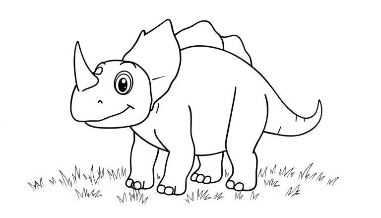 Farbtafel: Freundlicher Triceratops mit drei Hörnern und großen Augen zum Ausmalen.