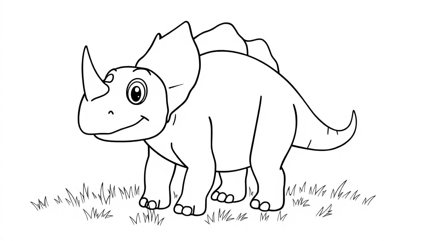 Farbtafel: Freundlicher Triceratops mit drei Hörnern und großen Augen zum Ausmalen.