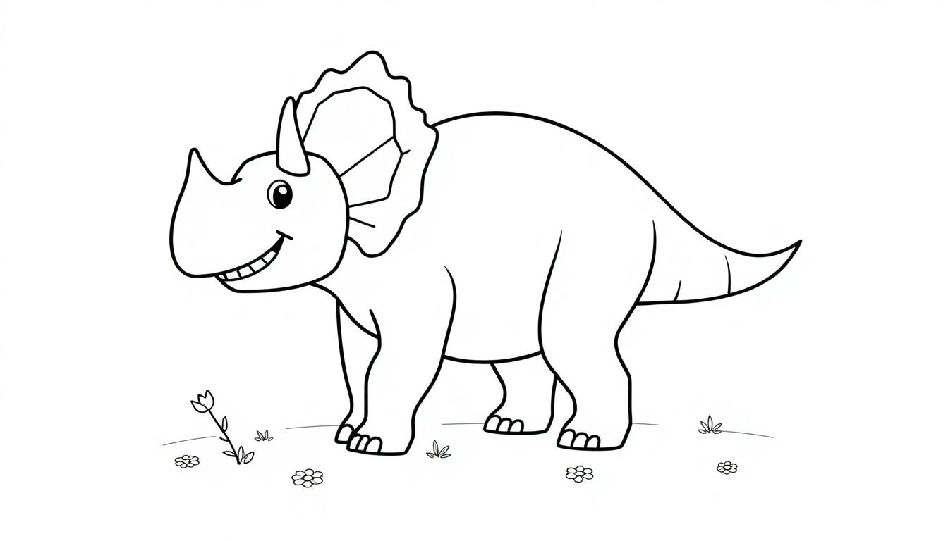 Eine Schwarz-Weiß-Farbtafel eines niedlichen Cartoon-Triceratops mit einem freundlichen Lächeln, umgeben von Blumen und Gras.