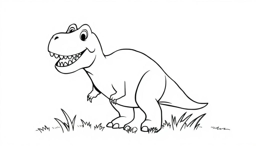 Eine freundliche schwarz-weiße Cartoon-Farbtafel eines Tyrannosaurus Rex, der im Gras lächelt.