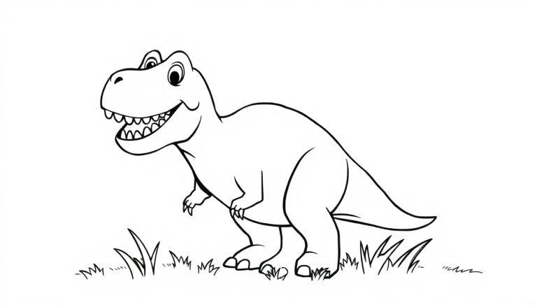 Eine freundliche schwarz-weiße Cartoon-Farbtafel eines Tyrannosaurus Rex, der im Gras lächelt.