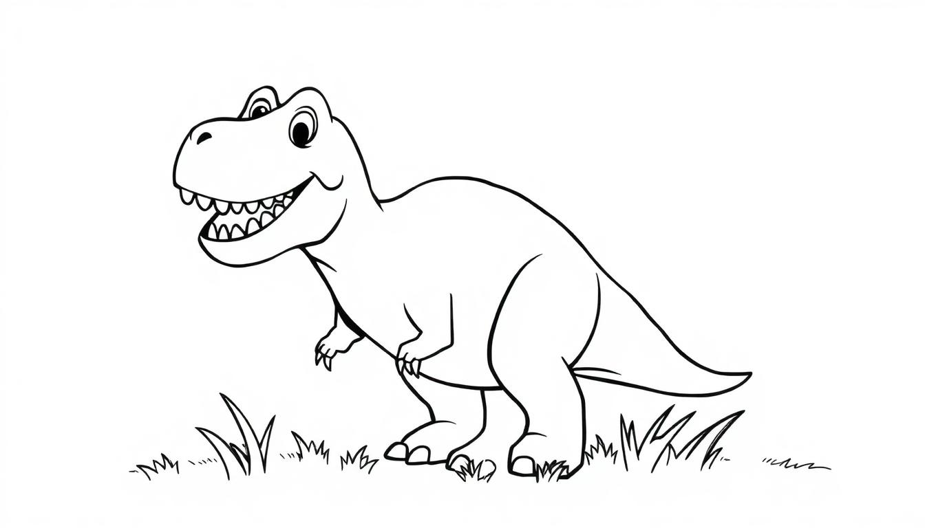 Eine freundliche schwarz-weiße Cartoon-Farbtafel eines Tyrannosaurus Rex, der im Gras lächelt.