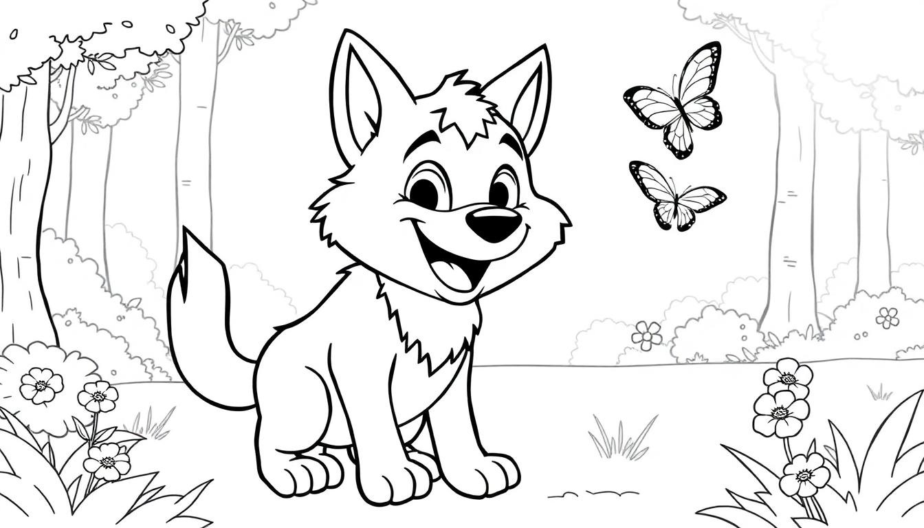 Schwarz-weiß-Farbtafel: Ein freundlicher Cartoon-Wolfwelpe mit großen Augen und einem breiten Lächeln sitzt in einem Wald und spielt mit Blumen und Schmetterlingen.