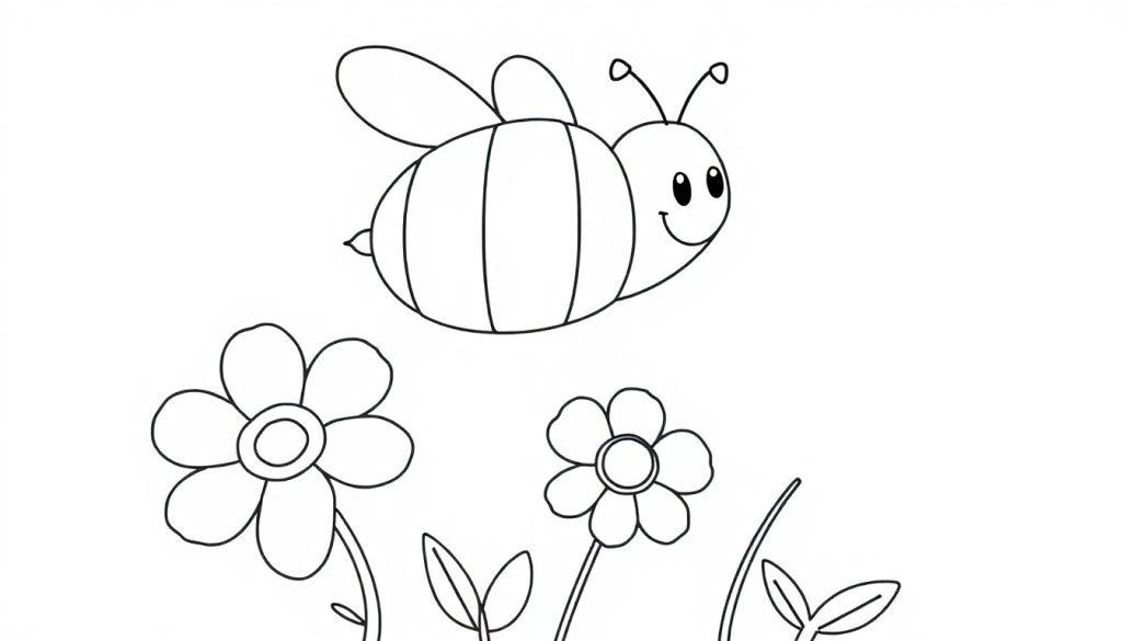 Schwarz-weiße Farbtafel einer lächelnden Biene fliegt über einfachen Blumen mit runden Blütenblättern.