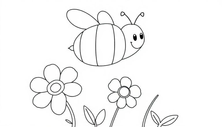 Schwarz-weiße Farbtafel einer lächelnden Biene fliegt über einfachen Blumen mit runden Blütenblättern.