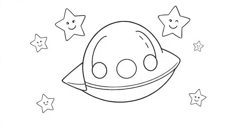 Eine freundliche Farbtafel-Farbtafel eines UFOs mit lächelnden Sternen.