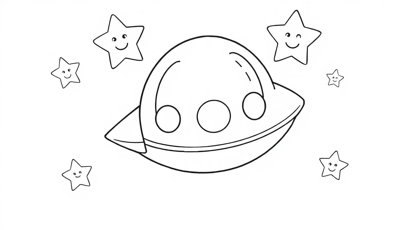 Eine freundliche Farbtafel-Farbtafel eines UFOs mit lächelnden Sternen.