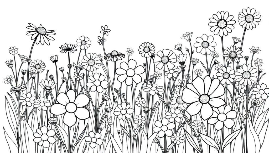 Eine Farbtafel-Zeichnung einer bunten Blumenwiese.