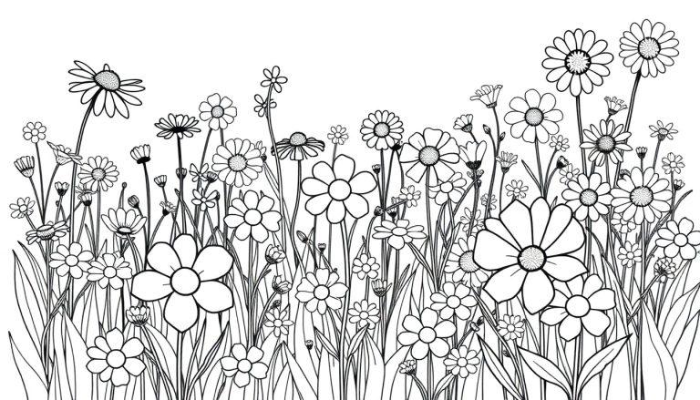 Eine Farbtafel-Zeichnung einer bunten Blumenwiese.