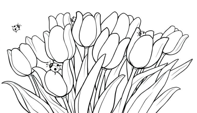 Schwarz-Weiß-Farbtafel von geschlossenen Tulpen mit Marienkäfern.