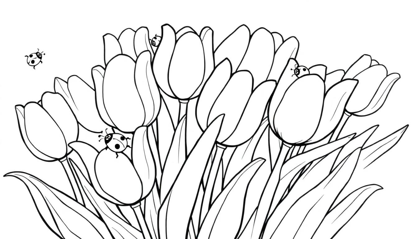 Schwarz-Weiß-Farbtafel von geschlossenen Tulpen mit Marienkäfern.
