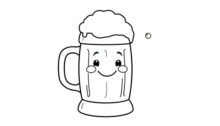 Schwarz-weiße Farbtafel eines lachenden Bierkrugs mit schäumendem Inhalt.