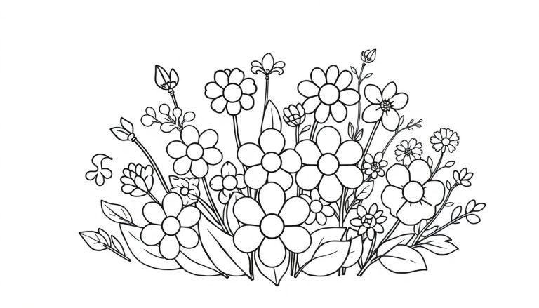 Farbtafel: Eine detailreiche Zeichnung einer Vielzahl von Blumen und Blättern, bereit zum Ausmalen.